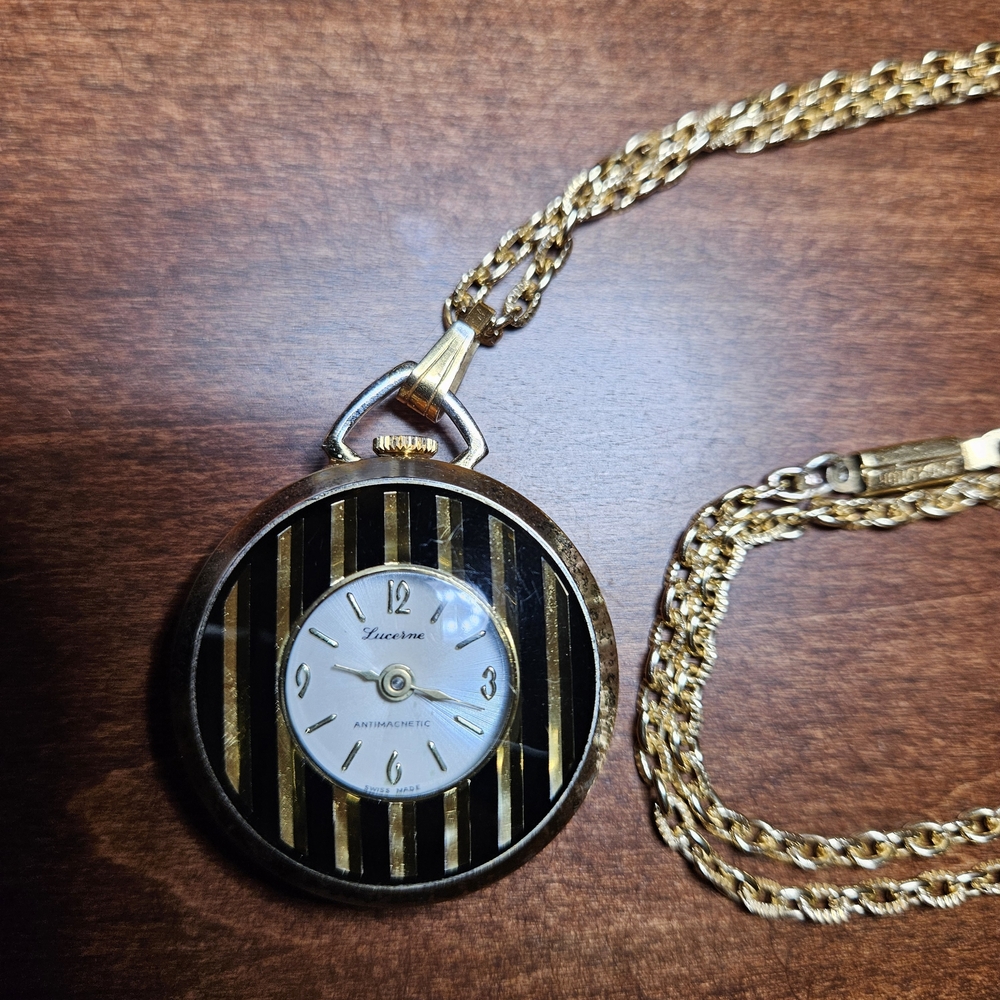 Vintage Gold and Black Lucerne Women's Pocket Watch Necklace